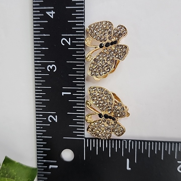 Clip On Gold with Crystal Rhinestones Butterfly Earrings - Picture 6 of 7
